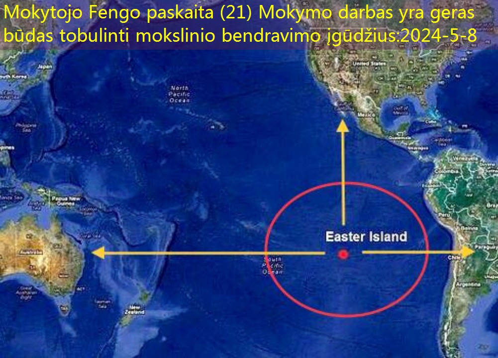 Raudonas taškas paveikslėlyje yra konkreti Velykų salos vieta, o geltona rodyklė nurodo jos atstumą nuo visų žemynų.